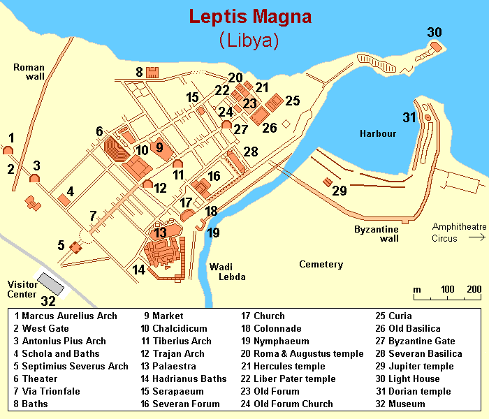 Map (rough) of ancient Leptis Magna, Libya, own work composed from various map references