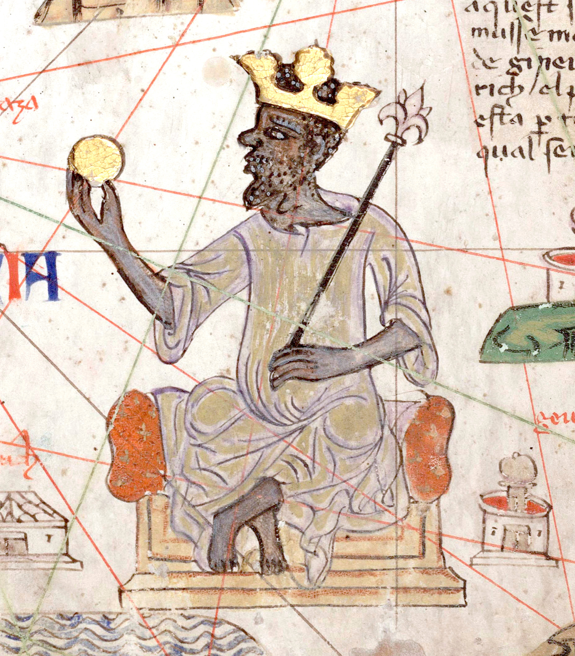 Sheet 6 out of 12. Detail showing Mansa Musa sitting on a throne and holding a gold coin