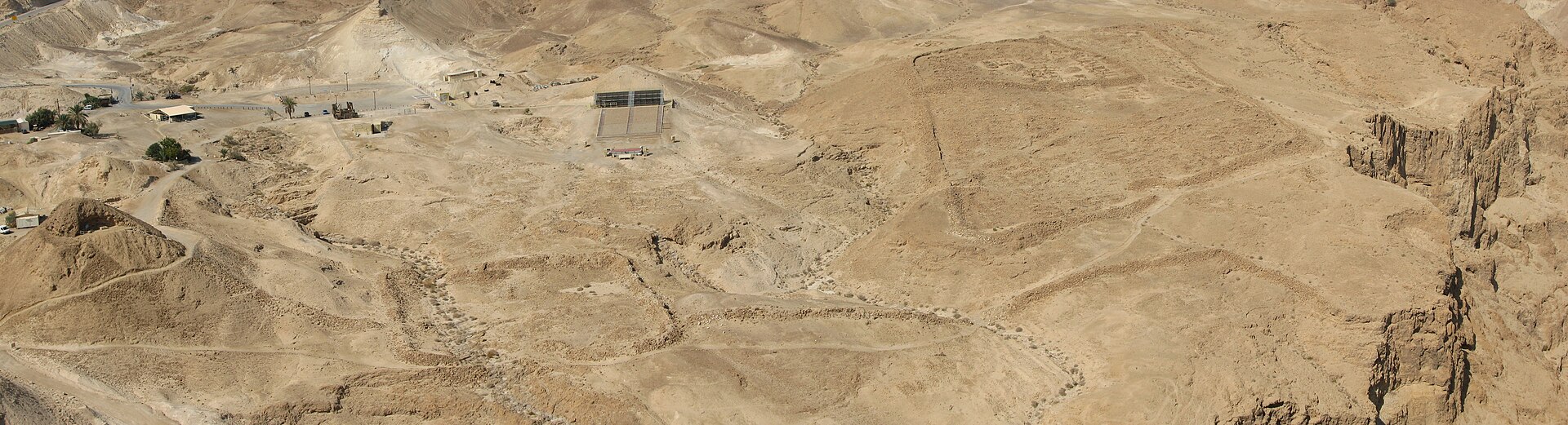 Western view from Masada of the Roman camps and the surrounding Roman wall.