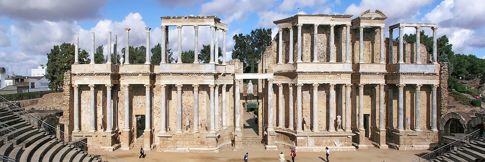 The Roman Theatre in Mérida. It was constructed in 16-15 B.C., with Consul Marcus Vipsanius Agrippa as promotor. The theatre is still in use, for the annual Festival of Classical Drama.