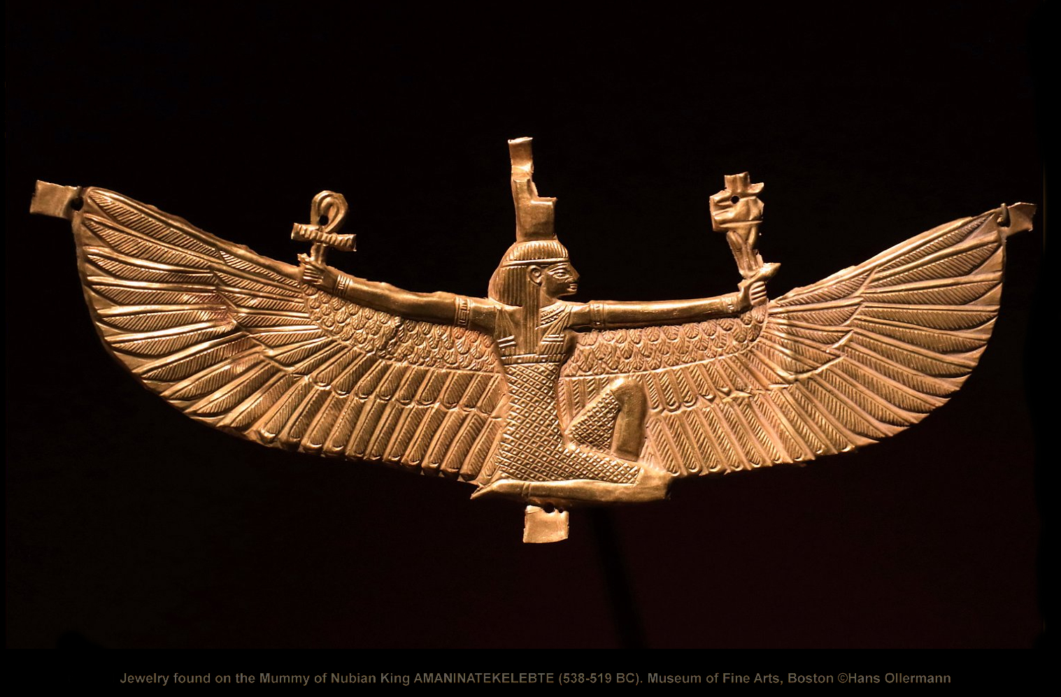 Jewelry found on the Mummy of Nubian King AMANINATAKILEBTE (538-519 BC). Museum of Fine Arts, Boston Exhibition NUBIA Land of the Black Pharaohs - Drents Museum, Assen, Netherlands. The exhibition is a collaboration of t