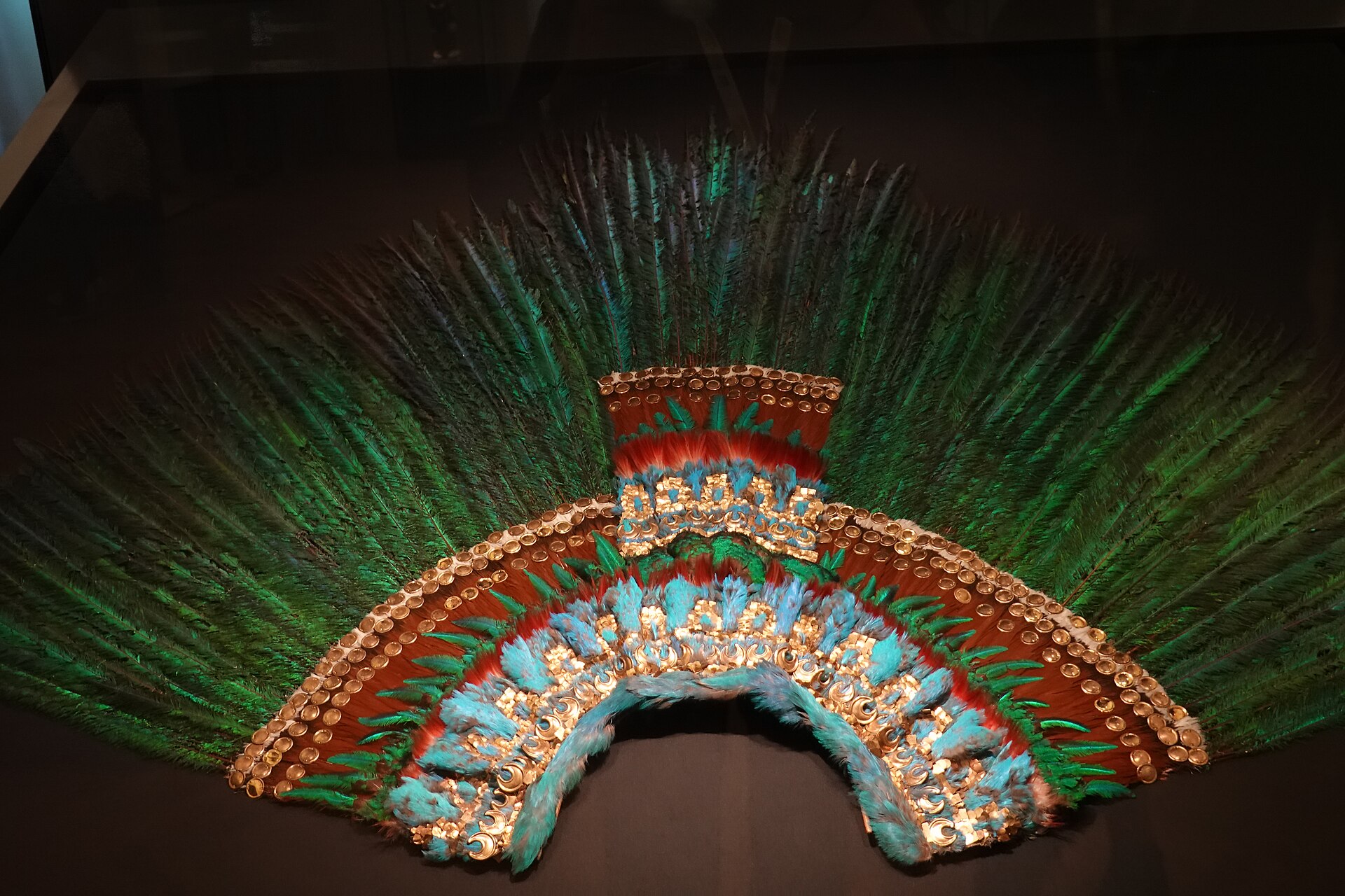 circa 16th-century Mexica quetzal-feathered headdress traditionally attributed to emperor Moctezuma II, ninth tlatoani of Mexico-Tenochtitlan and de facto emperor of the Mexica Empire, though there's no confirmation that