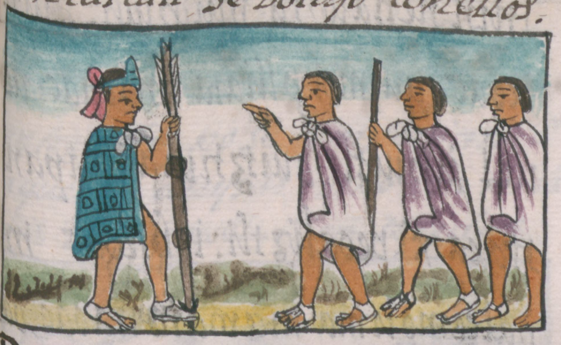 Illustration from General History of the Things of New Spain by Fray Bernardino de Sahagún, often referred to as the Florentine Codex, in folio 6 recto of the 9th book. The illustration depicts the moment in which then-p