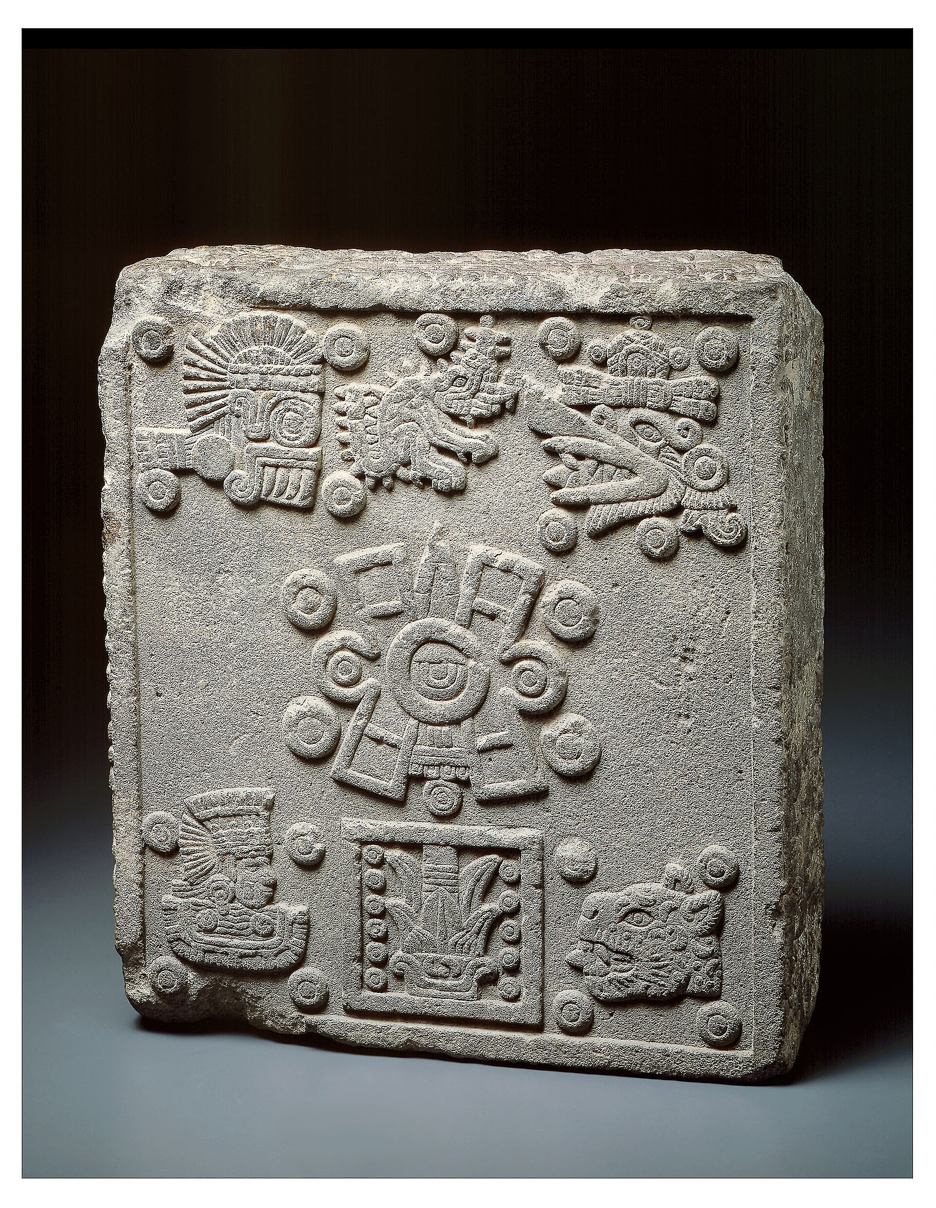 A prehispanic Mexican stone with inscriptions possibly created in the year 1503. This stone known as the Coronation of Motecuhzoma II, also known as the Stone of the Five Suns, has multiple inscriptions: the five "suns" 