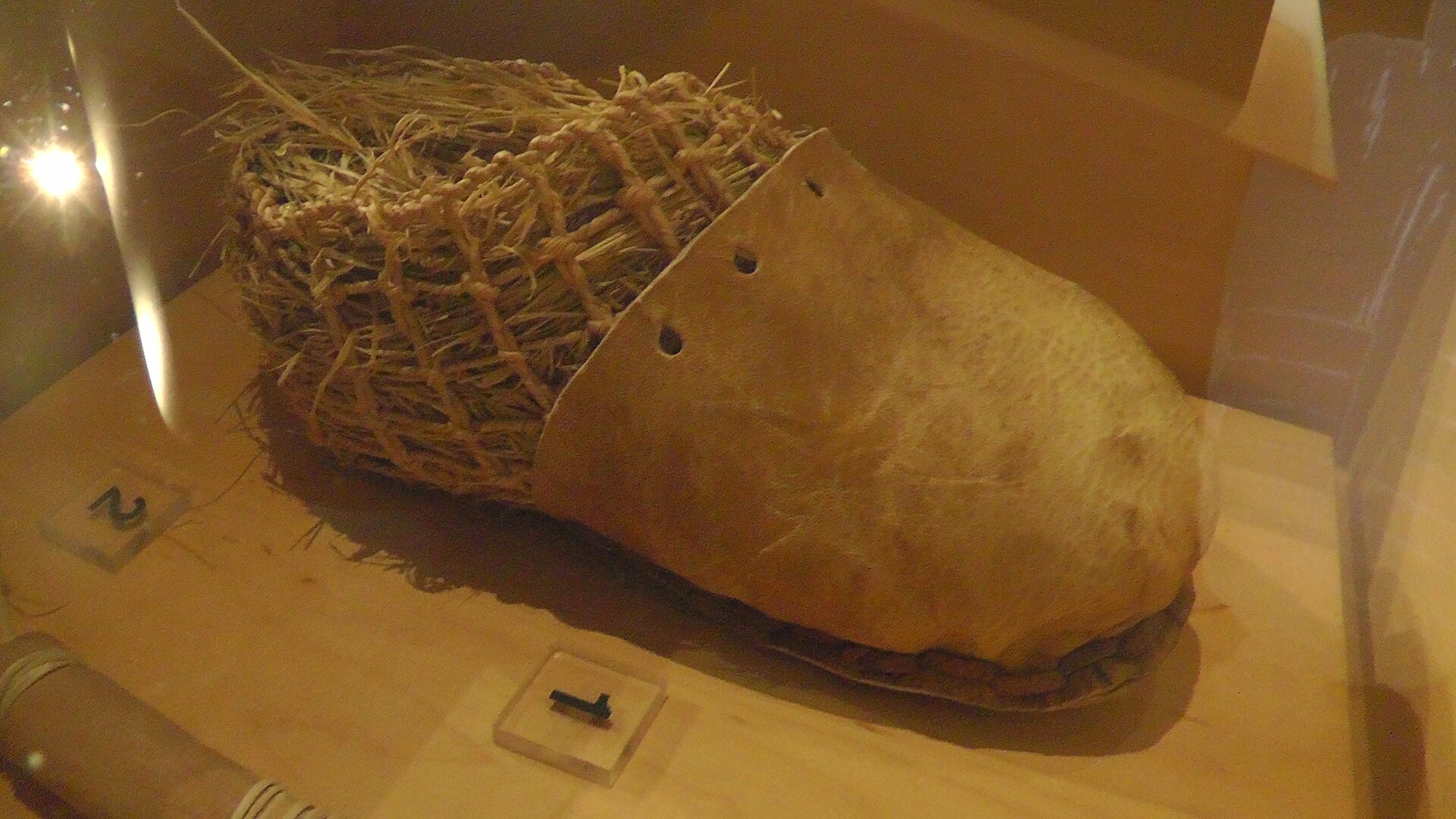 This photo was taken or the shoes, a replica created by Czech researcher Dr. Petr Hlavácek, which were on display at the Bata Museum in Canada, during a tour given to wikimedias.