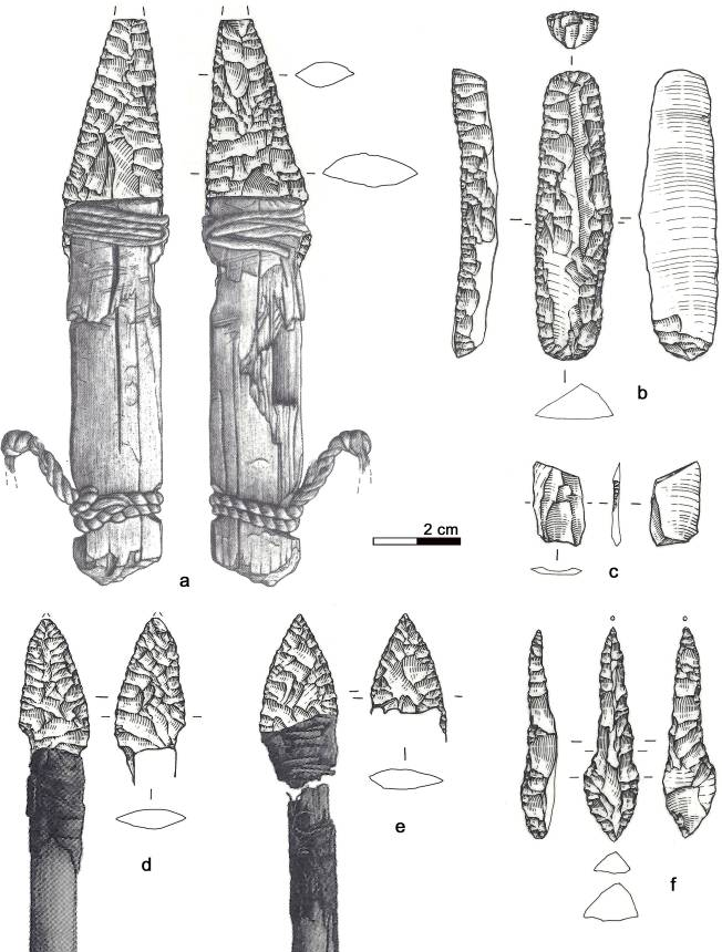 Ötzi the Iceman: Lithic assemblagea) dagger, b) endscraper, c) small flake, d) arrowhead 14, e) arrowhead 12, f) borer The original caption in Wierer et al read "The Iceman lithic assemblage. a) Dagger, b) Endscraper, c)