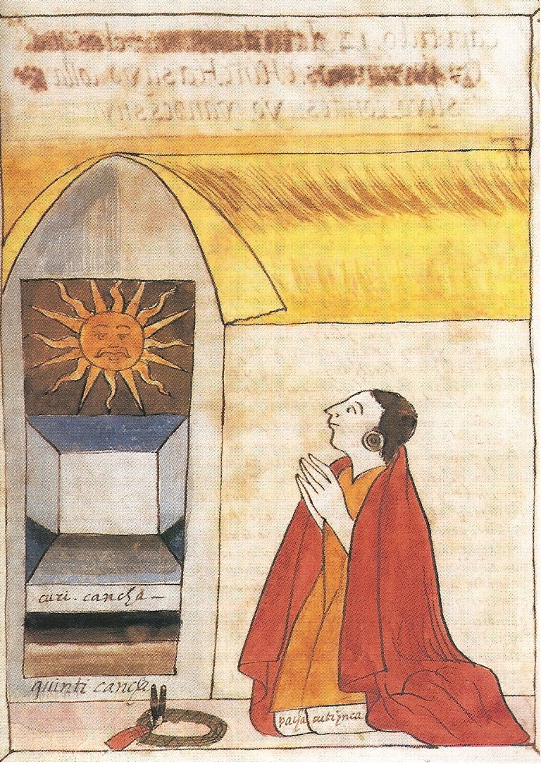 Illustration of the chronicle of Martín de Murúa that shows the Inca Pachacútec in the Coricancha.