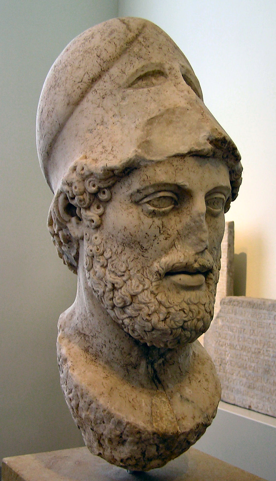 Head of Pericles, made to fit in a statue. Marble, Roman copy of a Greek work of the 1st century AD after a 429 BC Greek original. From Lesbos.
