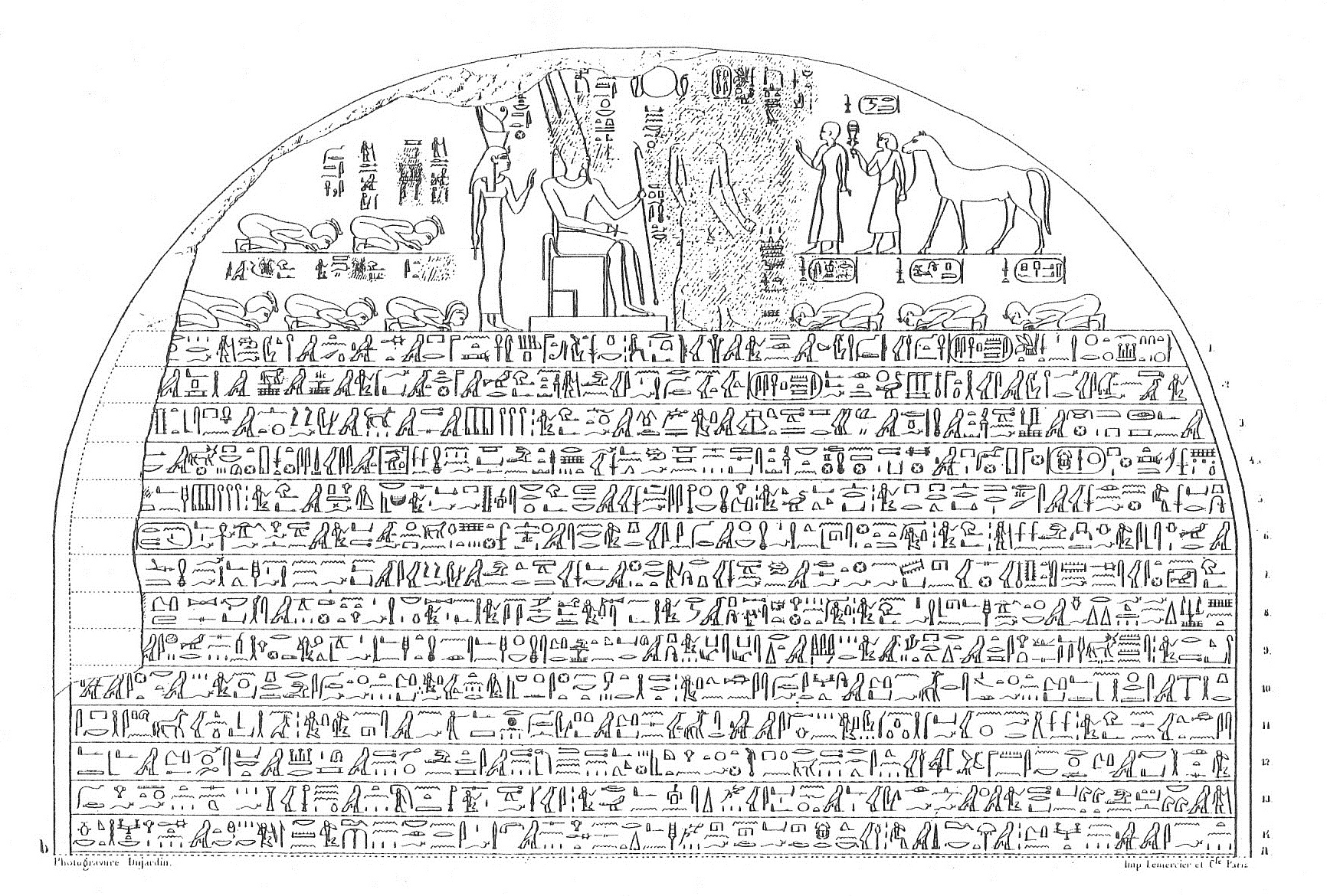 Drawing of the upper part of the victory stele of pharaoh Piye. The lunette on the top depicts Piye being tributed by various Lower Egypt rulers, and the text describes his successful invasion of Egypt. Further details o