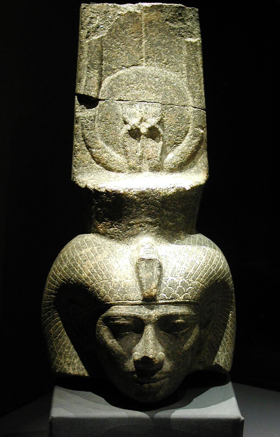 Head of Amun's wife, Chepenoupet II, daughter of King Piankhy, wearing Hathor's crown; the rest of the body is at the Sydney Museum; granite, found in Karnak), National Museum, Alexandria, Egypt).