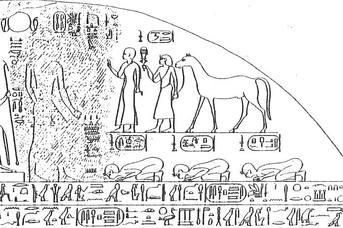 Drawing of the upper-right part of the victory stele of pharaoh Piye, depicting Piye being tributed by four Nile Delta rulers: Nimlot (holding an horse) and his queen (before him), Osorkon IV, Iuput II and Peftjauawybast