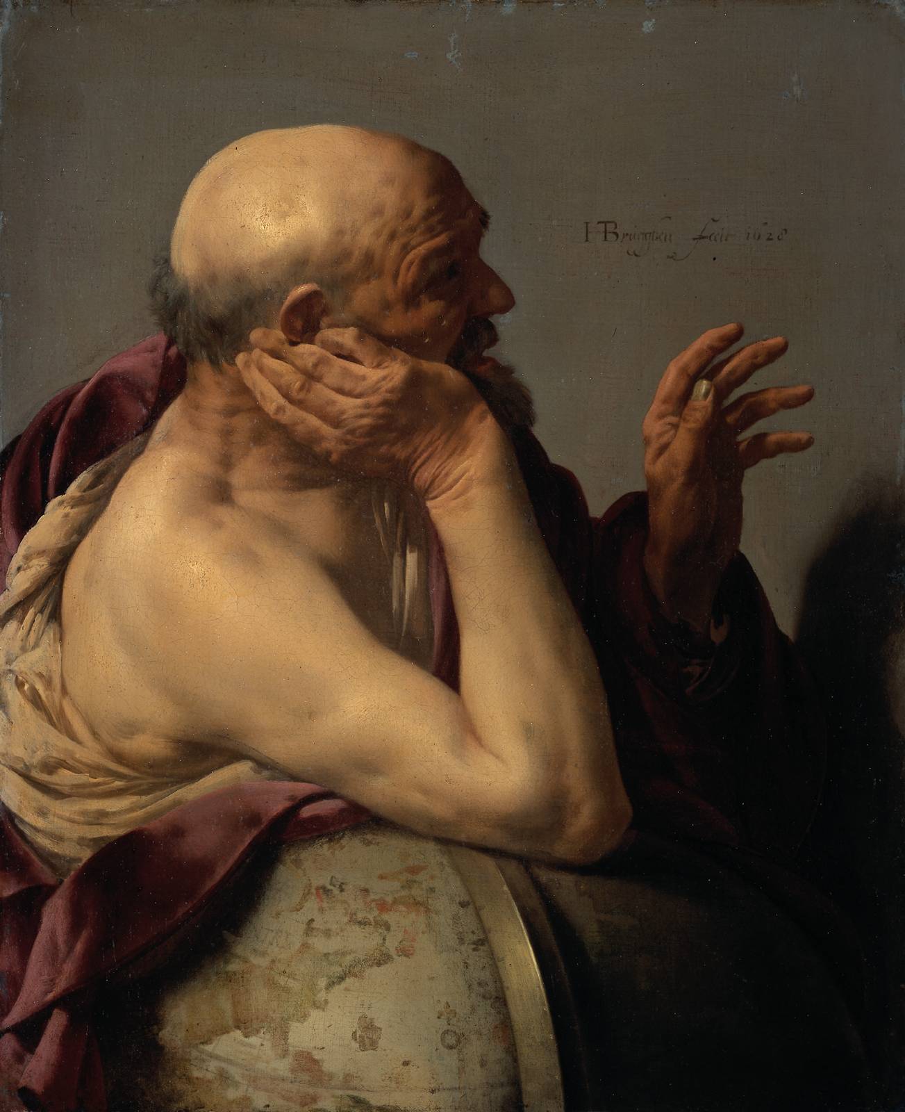 Heraclitus, talking and gesturing while he is leaning on a globe with his right arm.