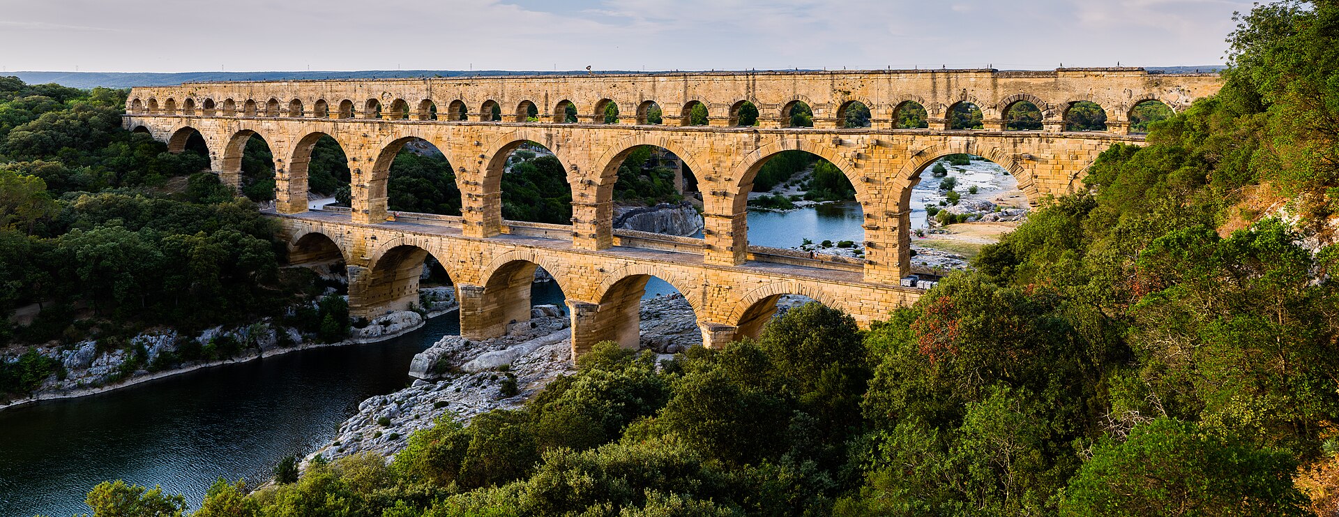 Pont du Gard, in Vers-Pont-du-Gard, Gard department, South France. The Pont du Gard is the most famous part of the roman aqueduct which c...