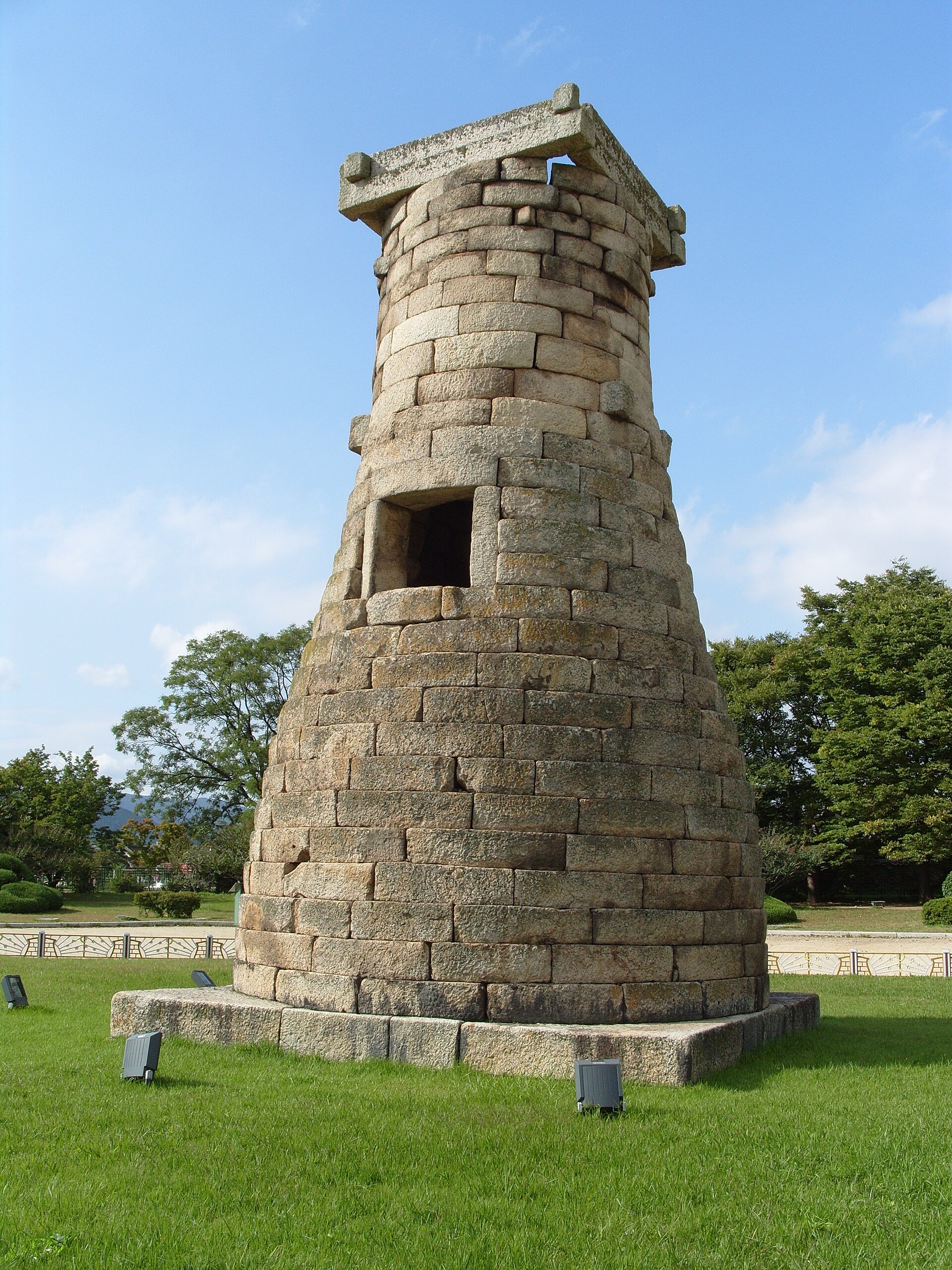 Cheomseongdae is an astronomical observatory in Gyeongju, South Korea. It is the oldest surviving astronomical observatory in Asia. It was constructed in the 7th century in the kingdom of Silla. Cheomseongdae was designa