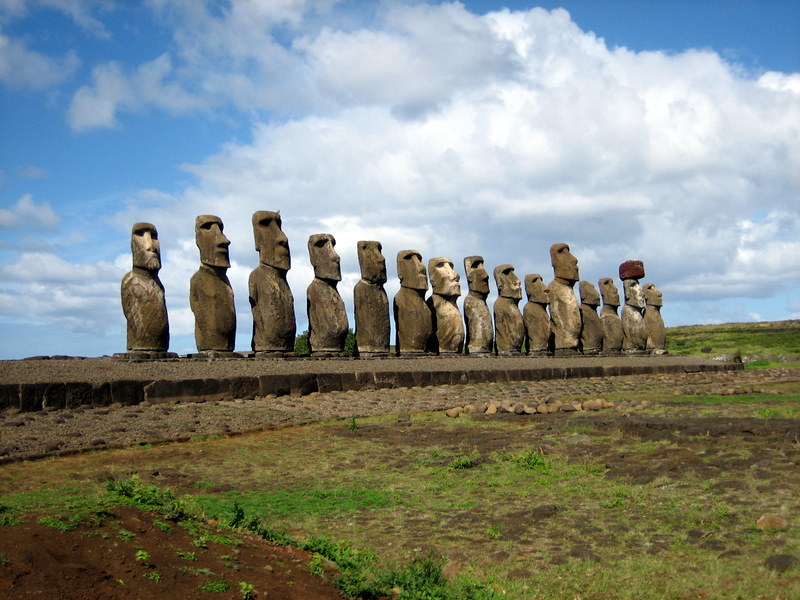 Photo taken by Ian Sewell, July, 2006. Ahu Tongariki on Easter Island. These moai were restored in the 1990's by a Japanese research team after a cyclone knocked them over in the 1960's.