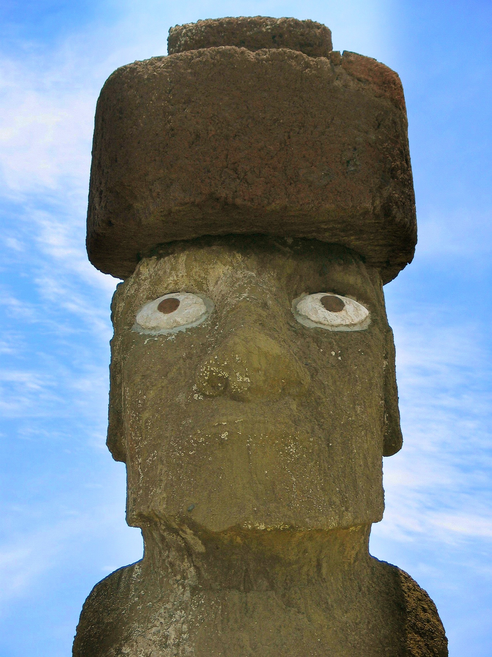 A close up of the moai at Ahu Tahai, restored with coral eyes by the American archaeologist William Mullo. Please acknowledge name of photographer.