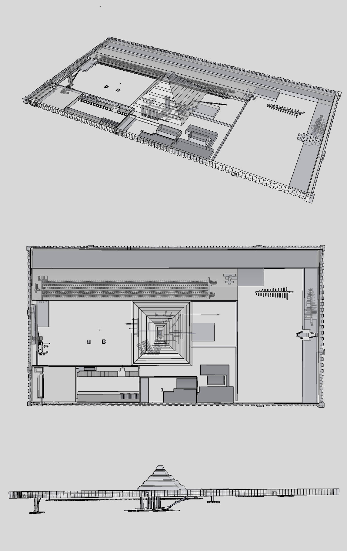 Isometric, plan and elevation images Djoser's Pyramid Complex taken from a 3d model