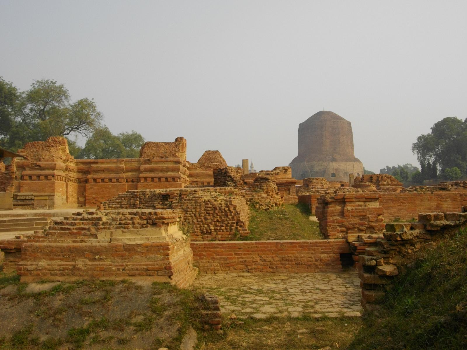 Ancient Buddhist monasteries near Dhamekh Stupa Monument Site, Sarnath.