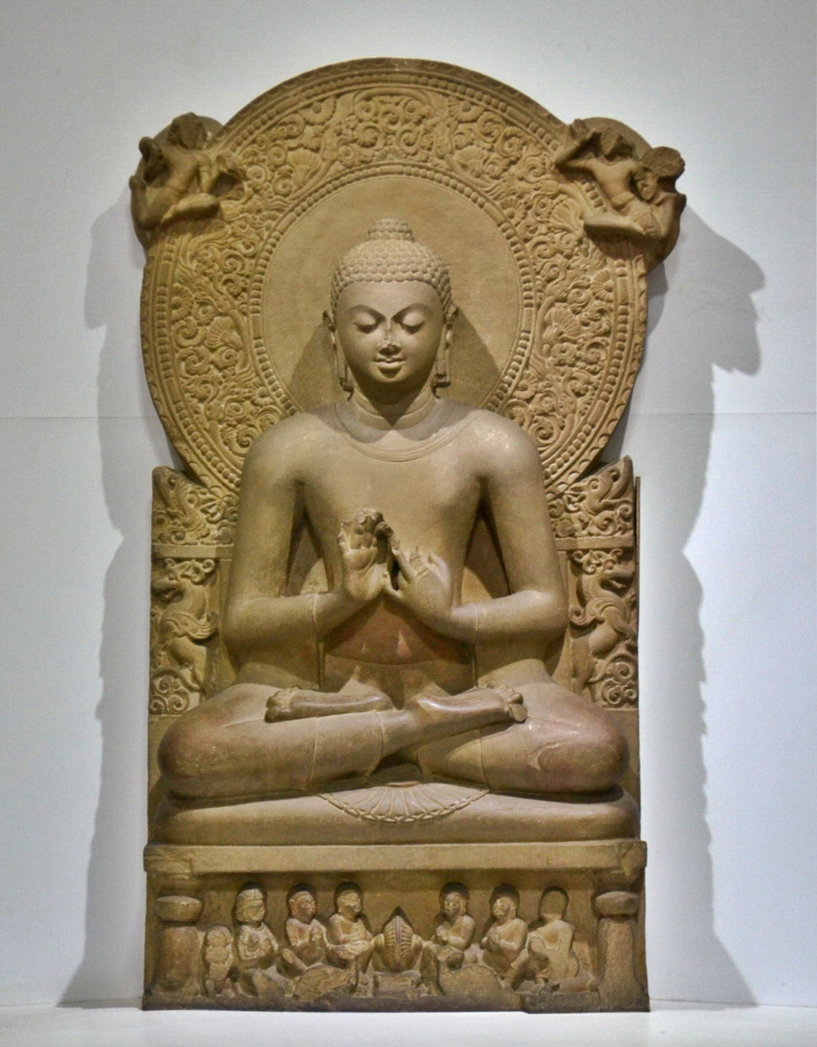 Seated Buddha; circa 475; sandstone; height: 1.6 m (5 ft. 3 in.); Sarnath Museum (India). This figure, his hands in the dharmachakra mudra gesture of teaching, refers to the Buddha's first sermon at Sarnath, where the fi