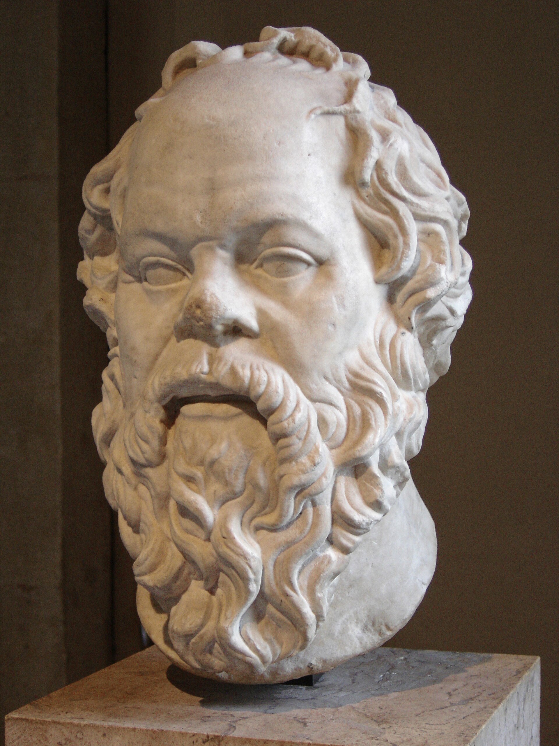 Portrait of Socrates. Marble, Roman artwork (1st century), perhaps a copy of a lost bronze statue made by Lysippos.