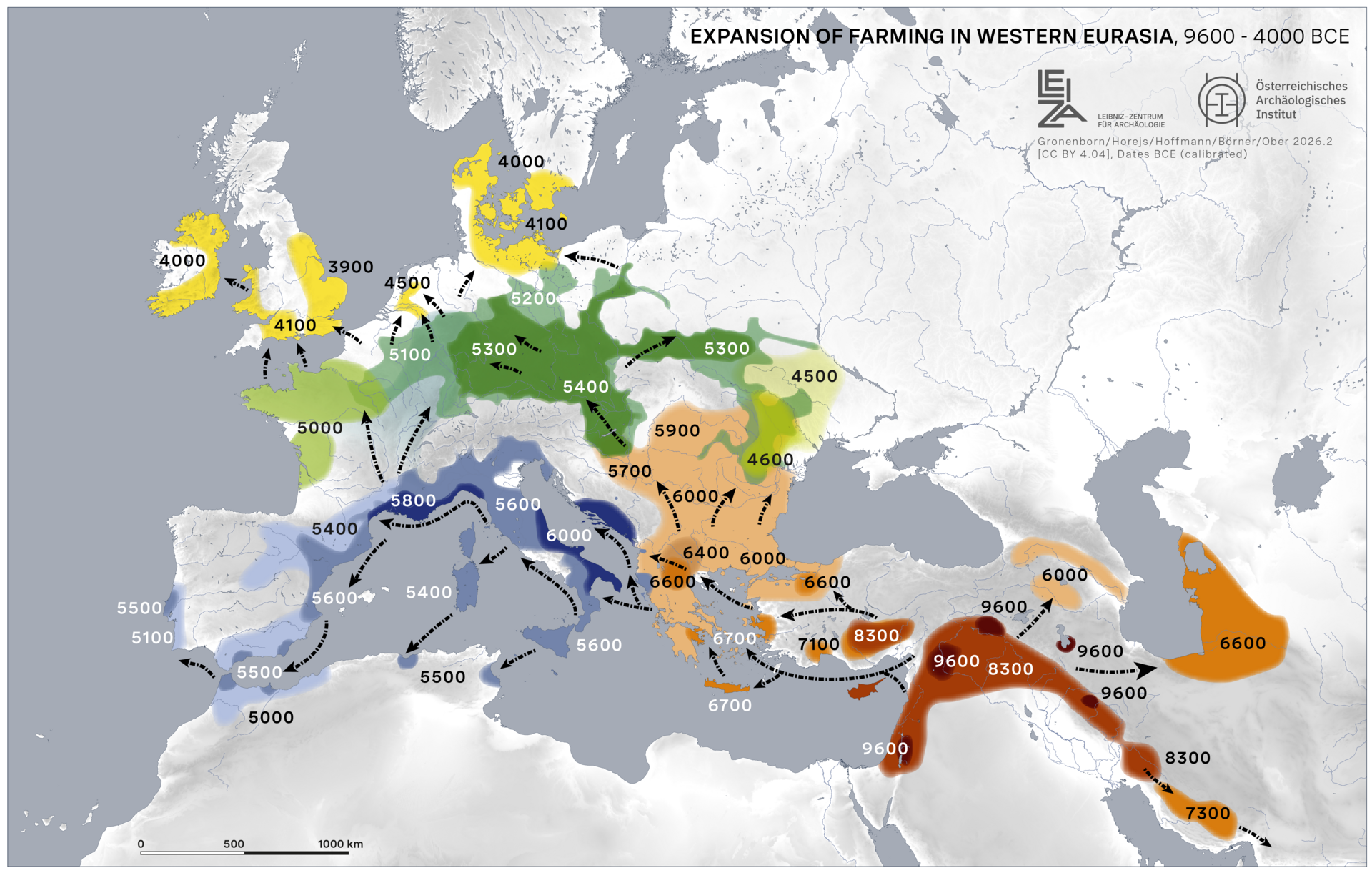 Condensed and simplified map showing of the spread of agriculture from Southwest Asia to Europe, between 9600 and 3800 BCE, with approximate dates and routes of diffusion.