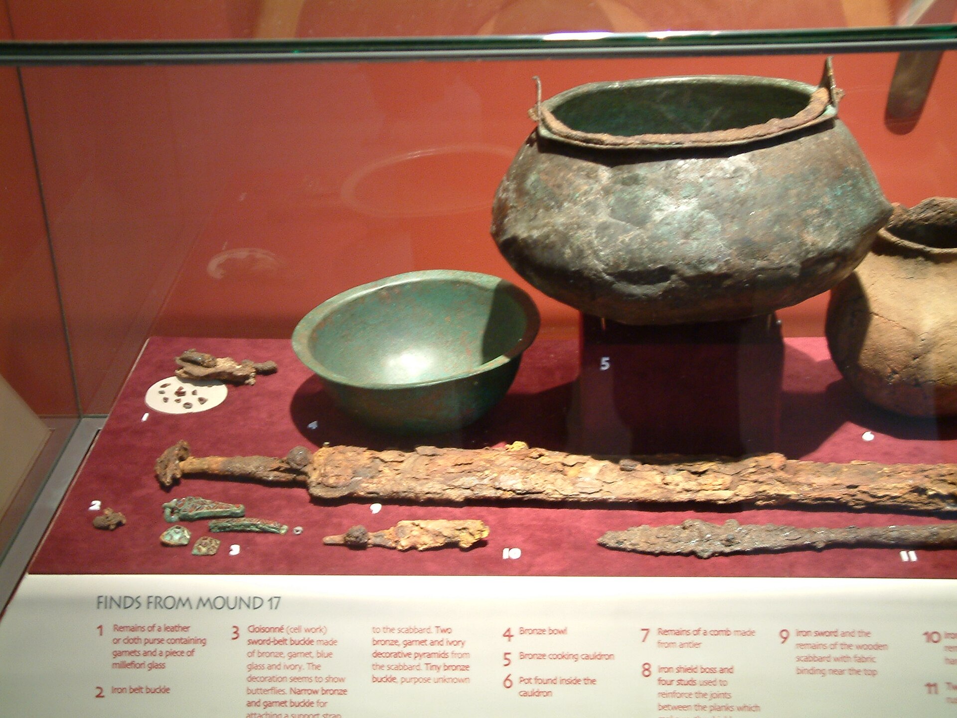 Grave goods from the Sutton Hoo burial mound 17, England.