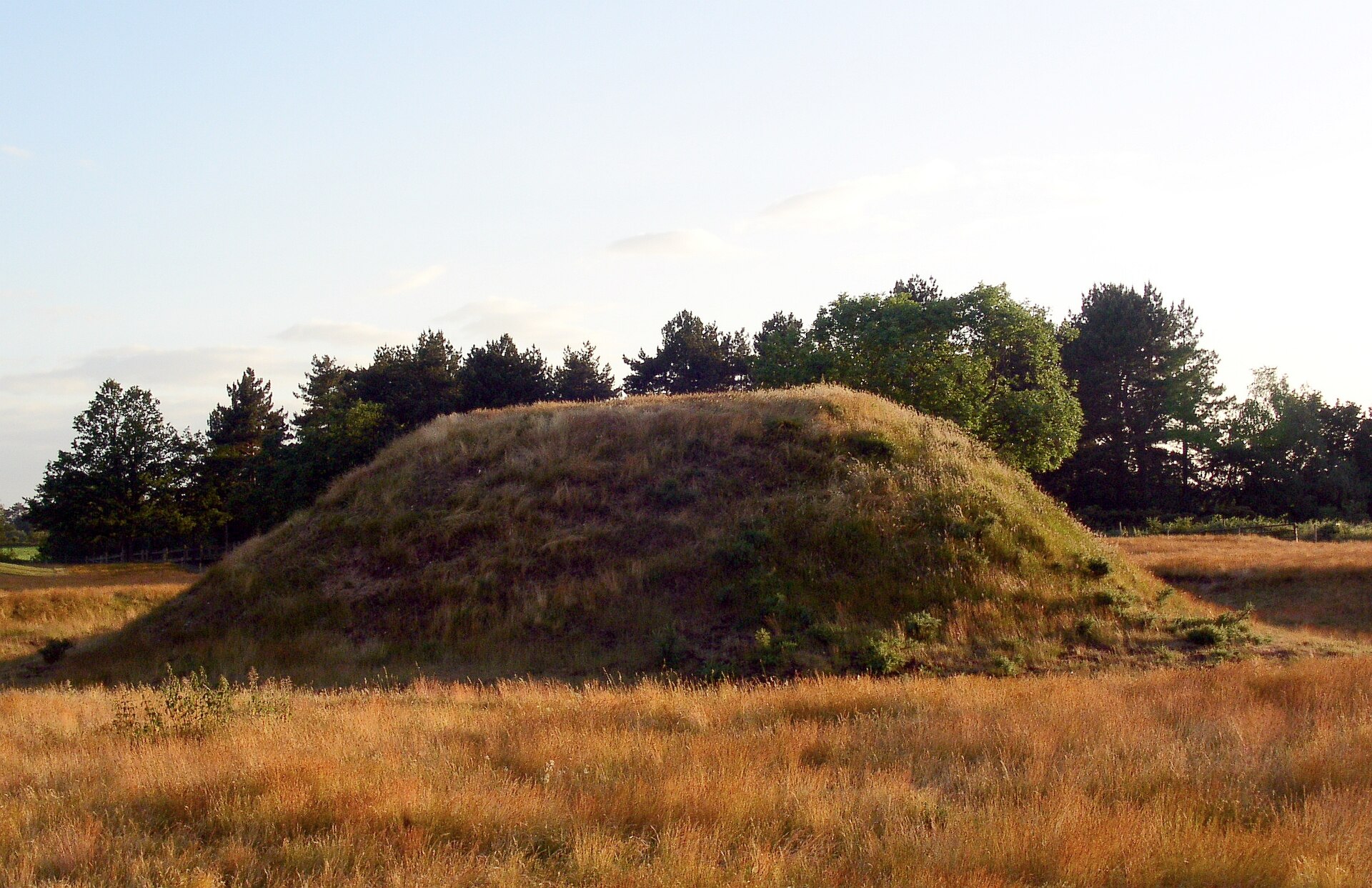 Burial mound 2 at Sutton Hoo, Suffolk, UK. The photo was taken close to sunset on 21 June 2006 (day of the Summer Solstice). This mound has been reconstructed to its supposed original height.