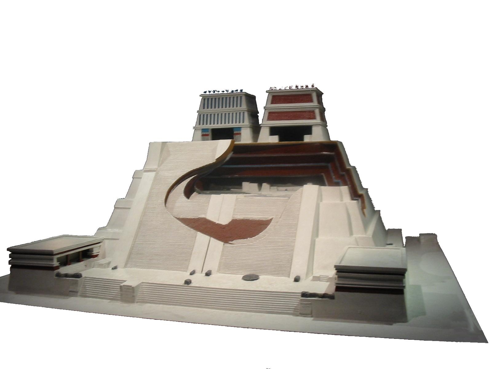 Scale model of the Great Temple (Templo Mayor) of Tenochtitlan showing the various stages as it was enlarged over time.