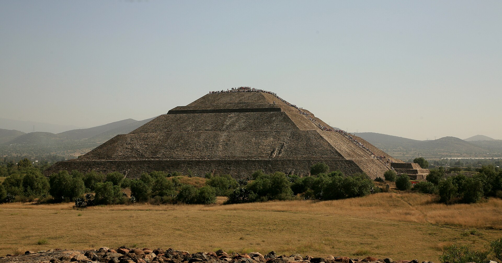 The Pyramid of the Sun at Teotihuacan with a crowd at the top