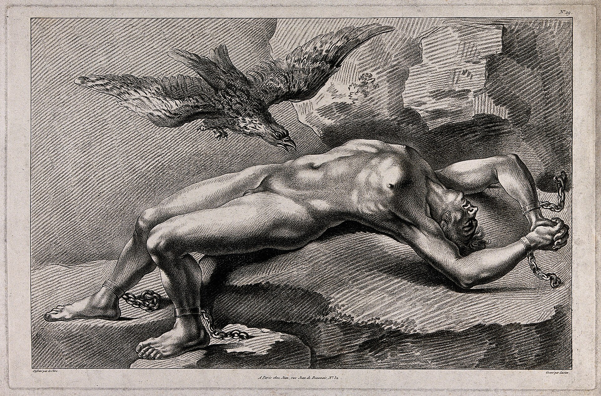 Prometheus bound to a rock, his liver eaten by an eagle. Crayon manner print. Iconographic Collections