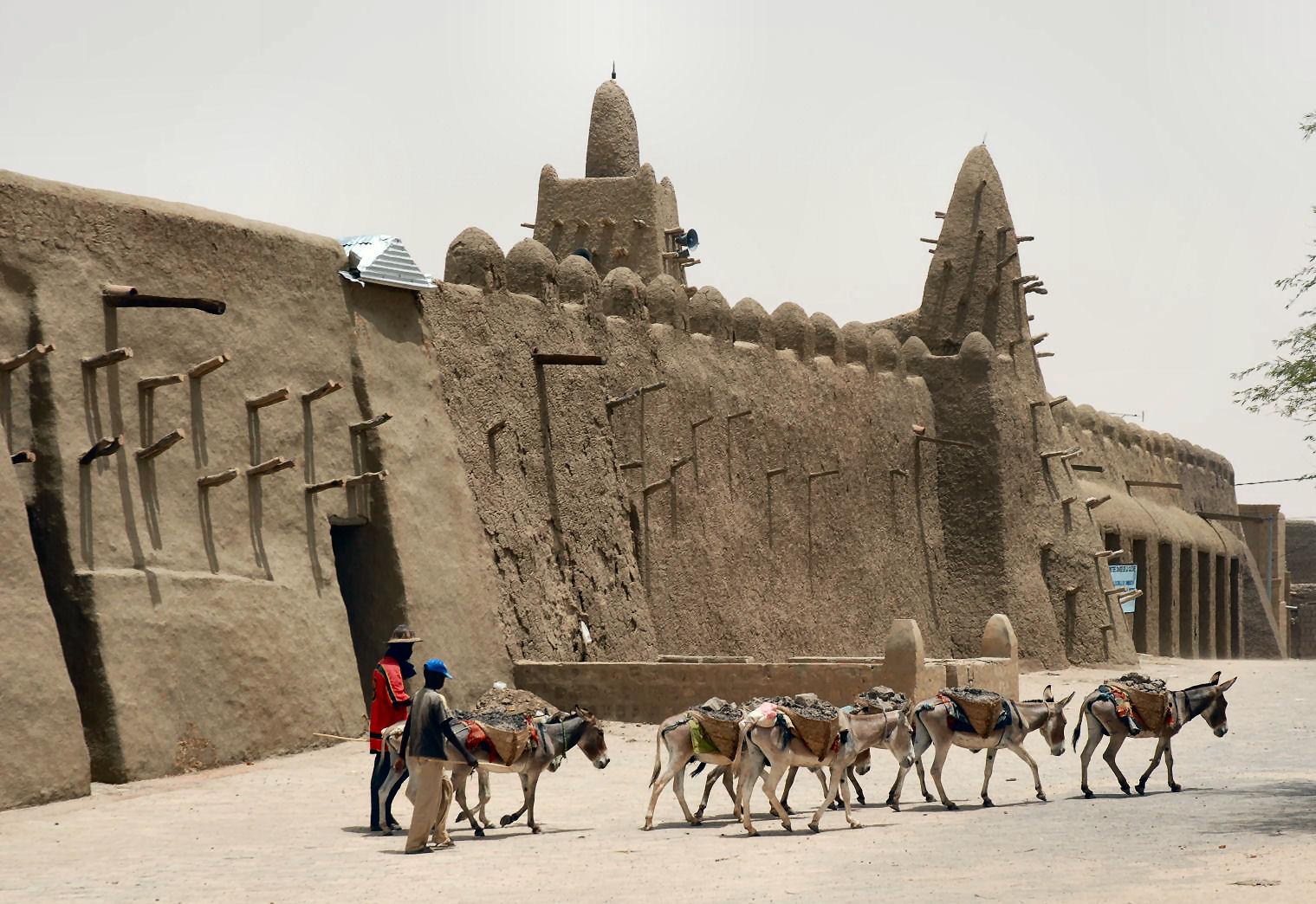Timbuktu, preferred method of transport, Mali, W. Africa, The team of donkeys walks past the mud mosque laden with their heavy items of transport. The mud wall's protruding wood beams and the relaxed gait of the animals