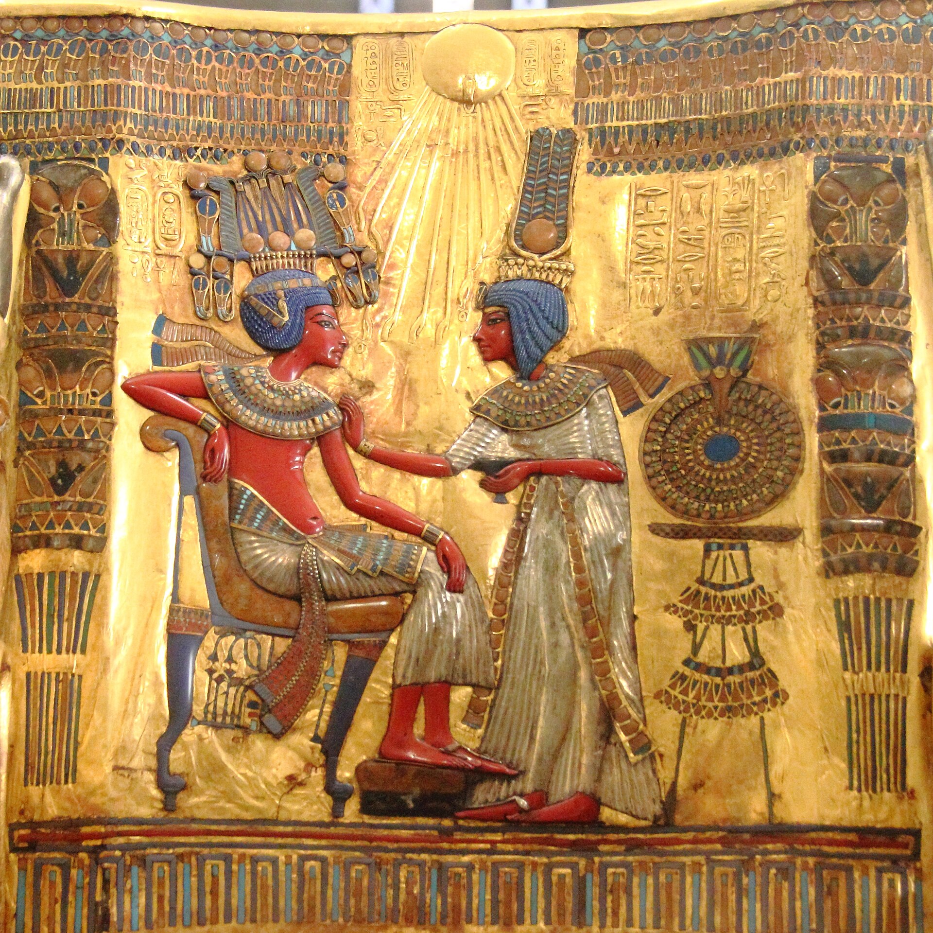 Egyptian Museum, Cairo: Gilded throne of the ancient Egyptian king Tutankhamun, wood, gold, glass, carnelian, from the tomb treasure of Tutankhamun (KV62), New Kingdom, 18th dynasty, ca. 1336-1327 BCTranslation of the in