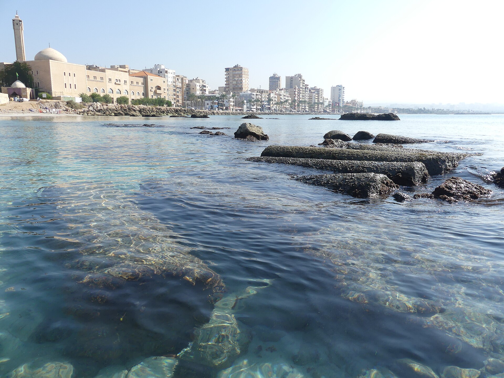 Ancient columns lie in the submerged Egyptian harbour of Tyre/Sour, South Lebanon, with the skyline of the modern city in the background.