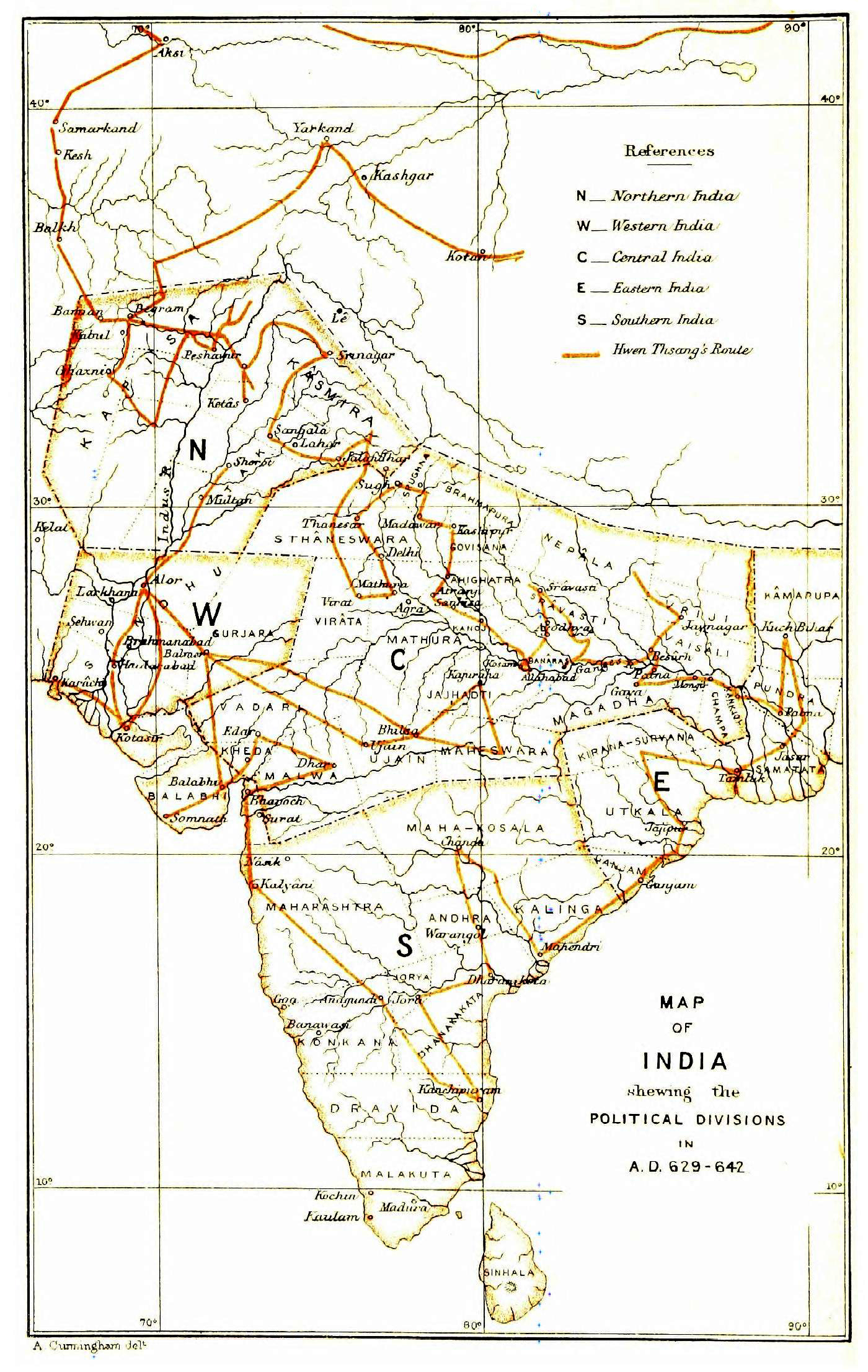 Route taken by Xuanzang in India - map drawn by Alexander Cunningham