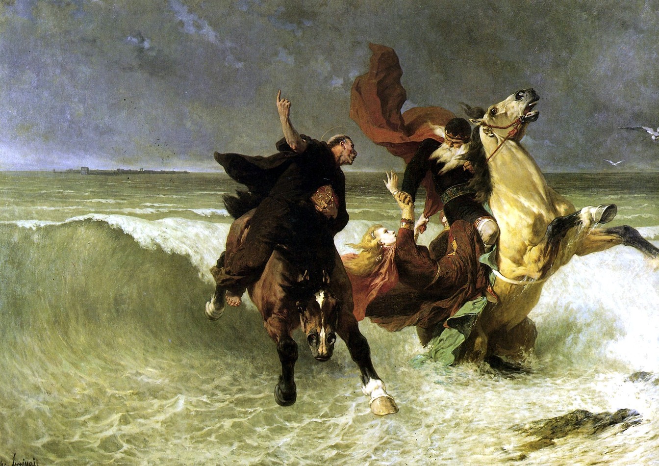 La Fuite de Roi Gradlon; his daughter Dahut was possessed by a half-fairy, half-woman who he had rejected and became the most evil woman in Brittany; stole keys to sluice gate and the seas invaded the city of Caer Ys; tr