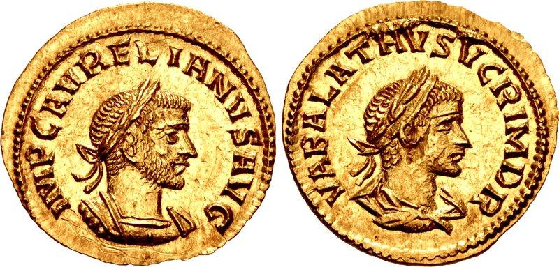 Lot 840. Aurelian, with Vabalathus. AD 270-275. AV Light Aureus (17mm, 2.09 g, 6h). Antioch mint. Struck November AD 270-March AD 272. IMP C AVRELIANVS AVG, laureate and cuirassed bust right / VABALATHVS V C R IM D R, la